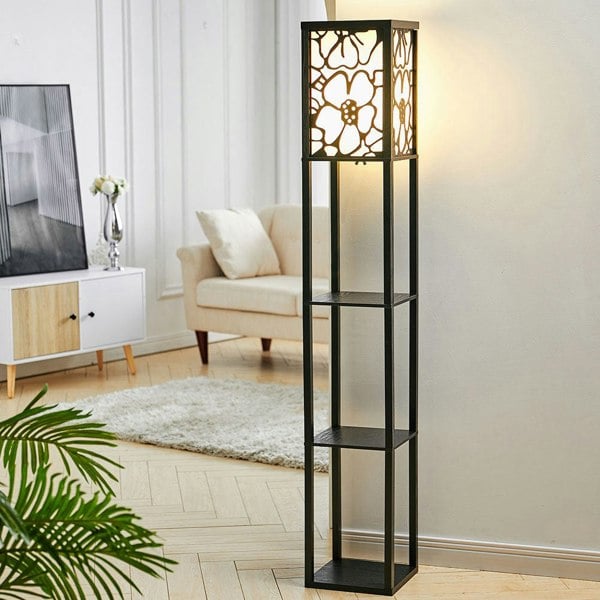 Brown Floor Lamp with Flower Linen Shade 3 Layers Indoor Towered Lamp Floorlamp Living and Home Black