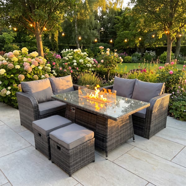 Fimous 6 seater Patio Gas Firpit Dining Table Sofa Sets Rattan Garden Furniture Dining Set with 2 Small Stools Dark Grey Mixed