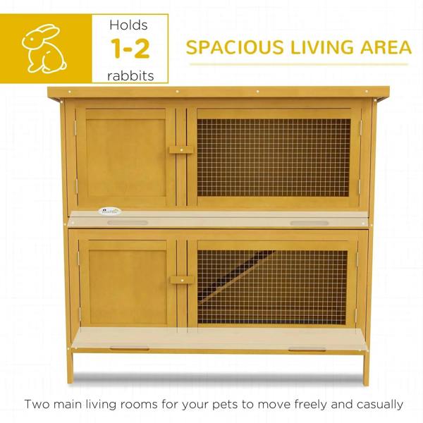 Yellow two-tier rabbit hutch with two large living areas and wire-mesh front windows