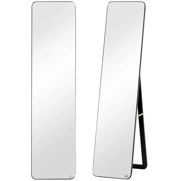 Black rectangular full-length mirror with standing frame and rounded corners