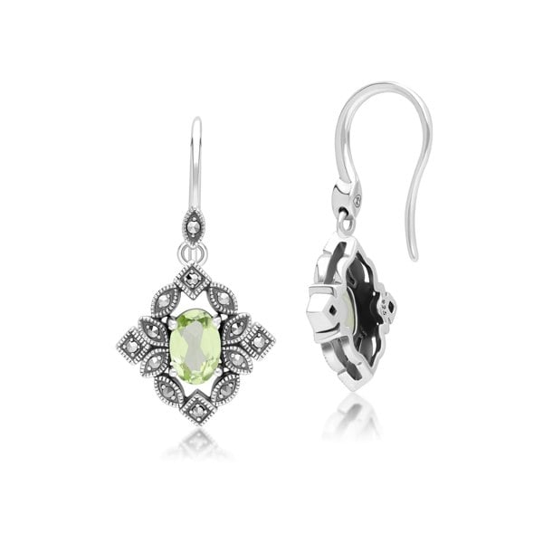 Gemondo Art Deco Style Oval Peridot & Marcasite Drop Earrings in Sterling Silver