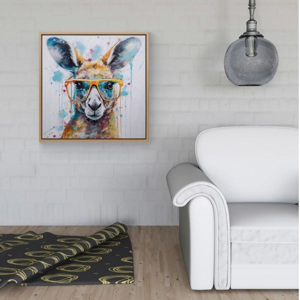 Warren Reed Splash Art Kangaroo In Glasses Framed Canvas