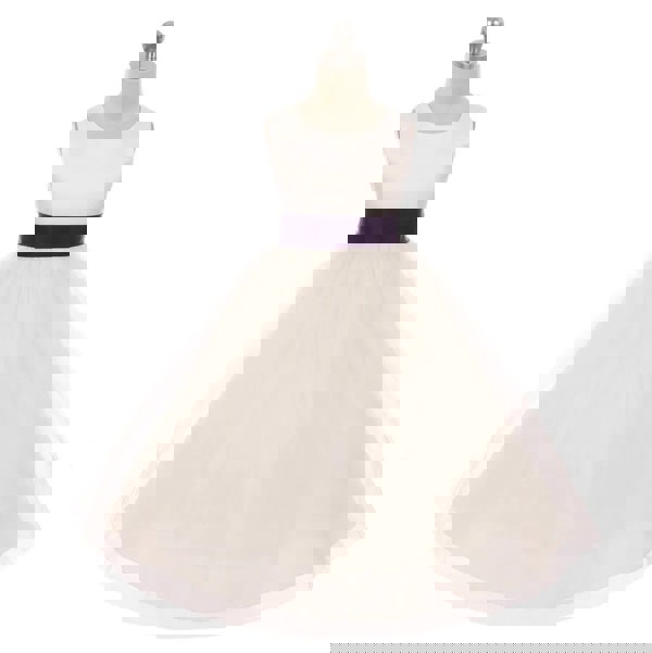 White dress with purple sash