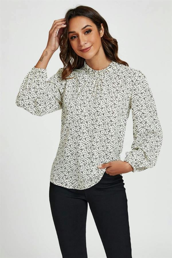 FS Collection Little Floral Print Frill Detail High Neck Top In White