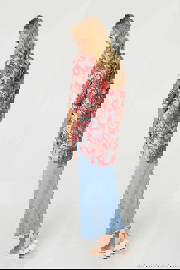 Red | Floral 3/4 Sleeve Relaxed V-Neck Blouse