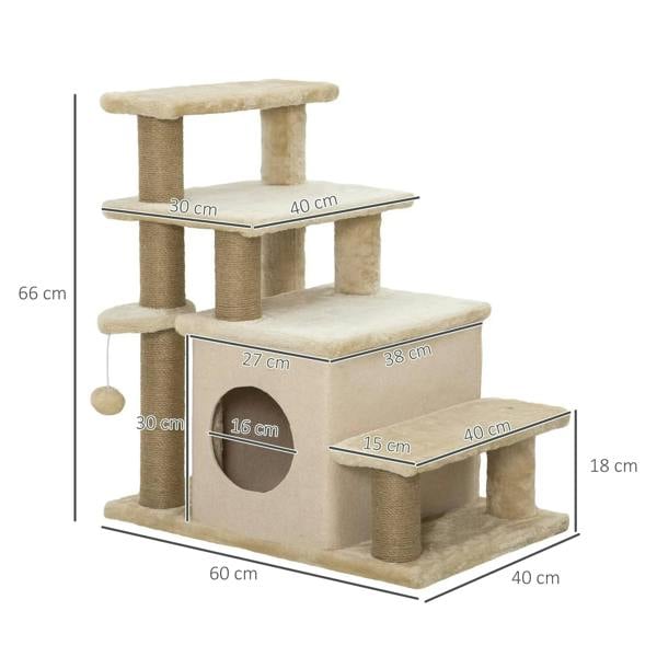 Beige adjustable pet steps with enclosed house and platforms, with size measurements