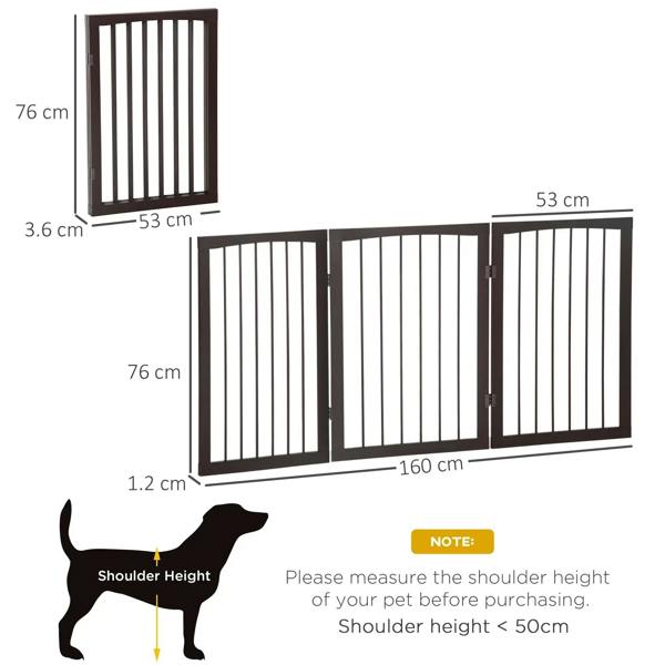 Foldable 3-panel dog gate in brown, with bar panel layout and size diagram