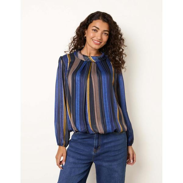 Blue Vanilla Metallic Vertical Multi Stripe Cowl Neck Blouse