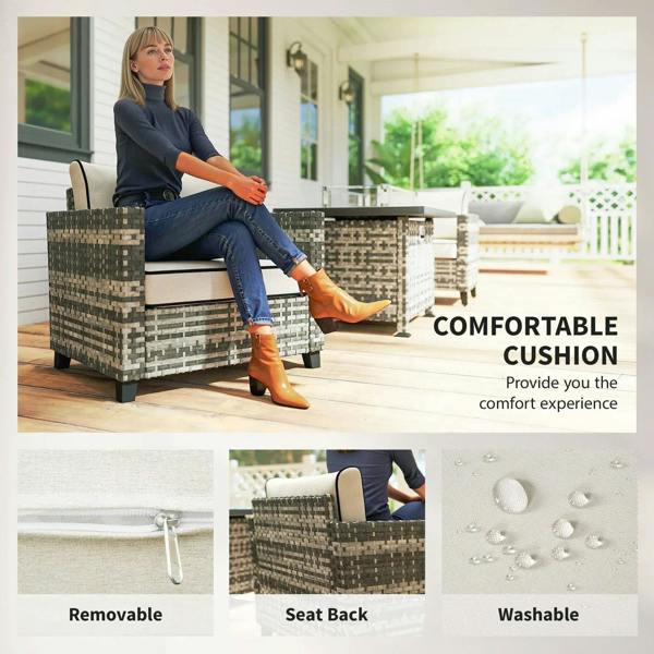 Grey rattan patio armchair with removable, washable cushion and padded seat back