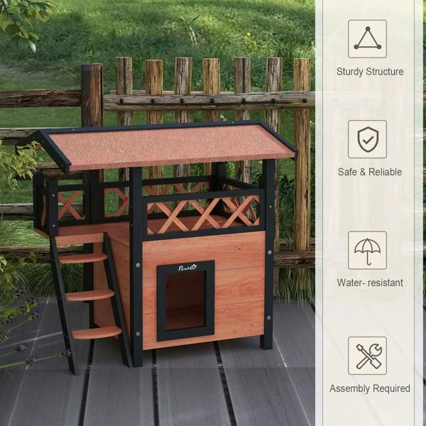 Outdoor cat house with balcony stairs and front door; dark frame with brown wooden walls