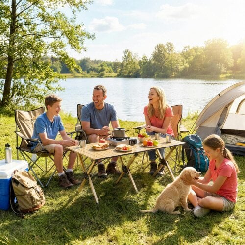 Outsunny 4ft Folding Camping Table, Picnic Table with Roll Up Top, Brown