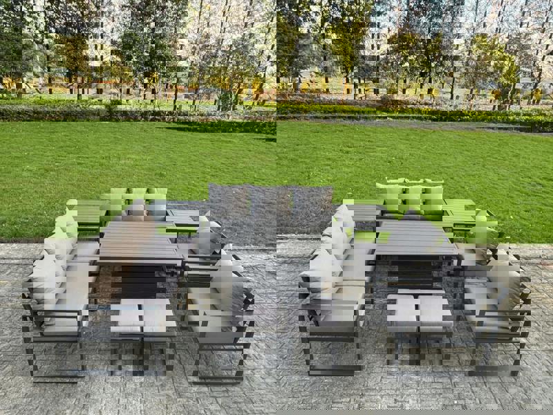 Fimous 10 Seater Aluminium Outdoor Garden Furniture Set with Adjustable Rising Dining Table, 2 Sofas, 2 Side Tables & 2 Stools - Grey