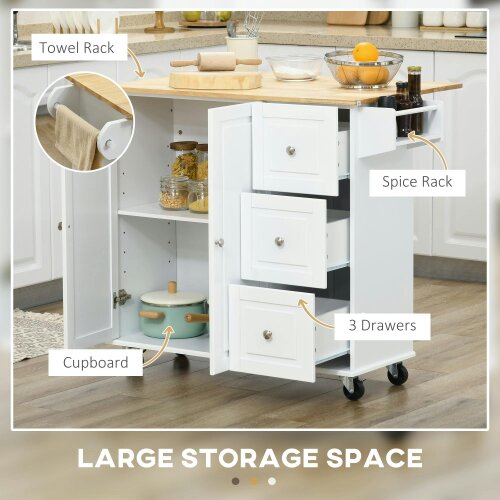 Wyld Haus Cosoco Noli Wooden White Rolling Kitchen Island With Drop Leaf Drawers Spice Rack And Towel Rail