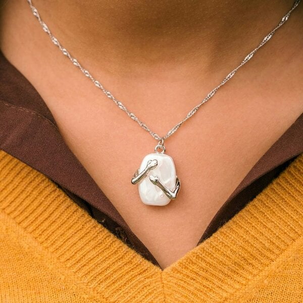 The Colourful Aura Two Hands Hugging White Stone Resin Large Square Couple Pendant Necklace