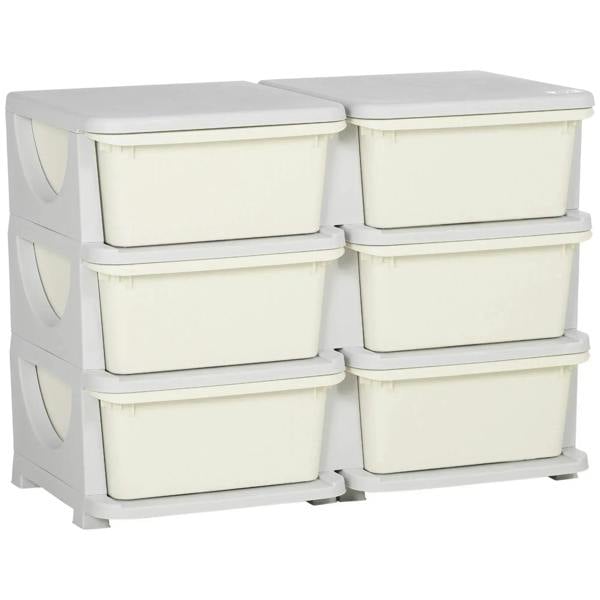 Cream kids storage unit with six lidded drawers, stacked in two columns of three.