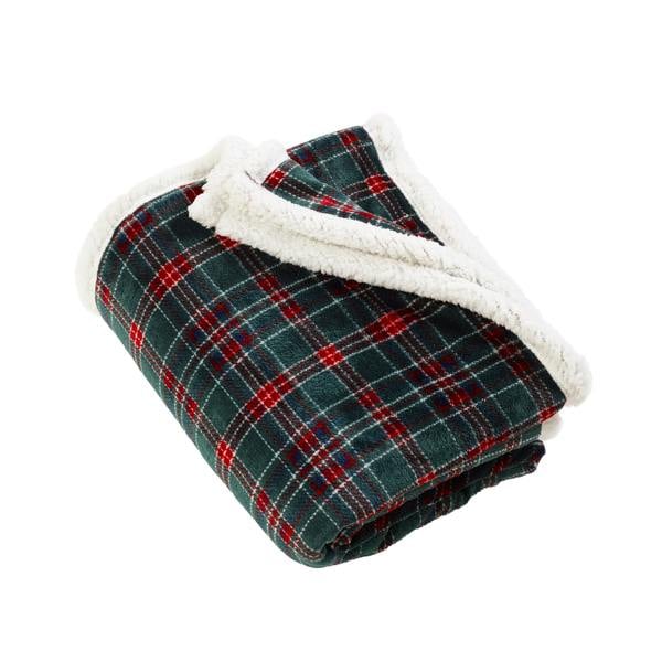 Catherine Lansfield Tartan Sherpa Check Cosy Fleece Blanket Throw Green