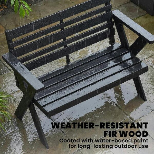 2 Seater Wooden Garden Bench, Slatted Patio Bench with Armrest and Backrest, Black