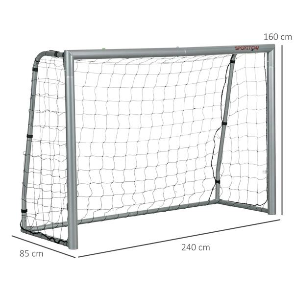 Football goal with white net shown with size dimensions for height and width
