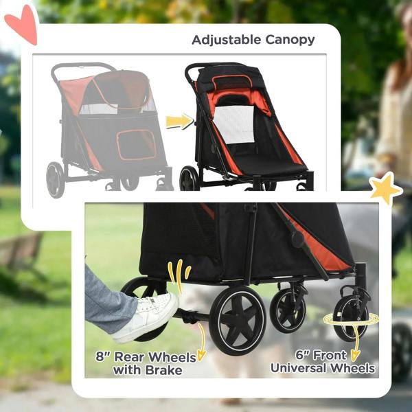 Red-and-black foldable pet stroller with adjustable canopy and universal front wheels.