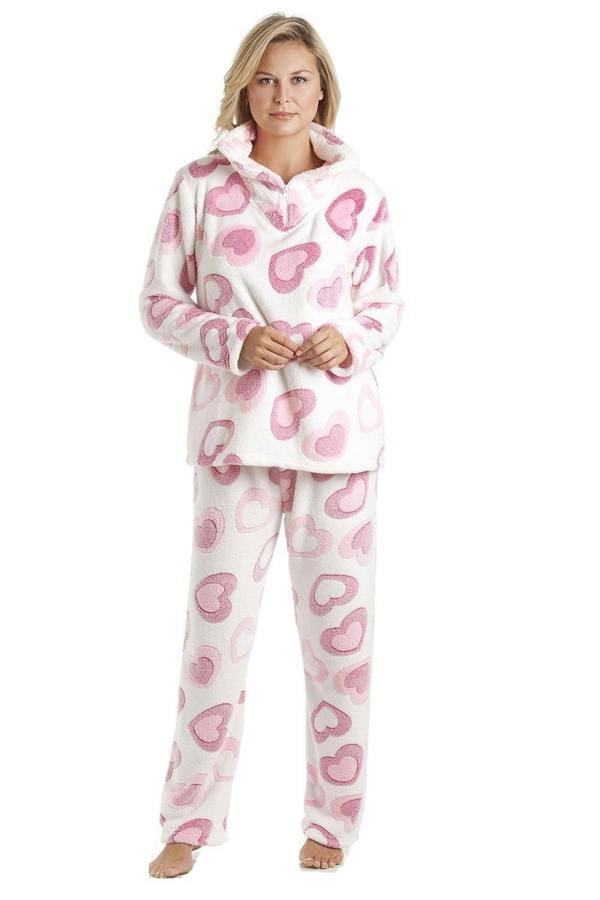 Camille Women's Pyjama Set in White Fleece Pink Heart Print Nightwear