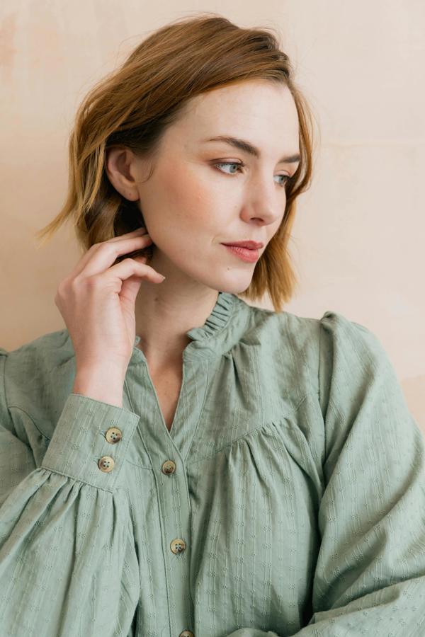 Wayfaring Embroidered Cotton Blouse Silver Sage