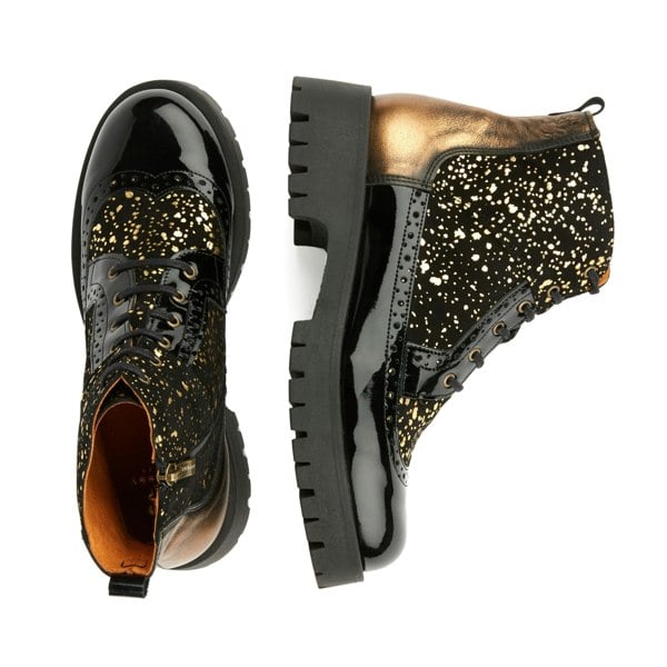 Embassy London Hatter Platform - Drops - Women's ankle boot in golden paint drops on black leather