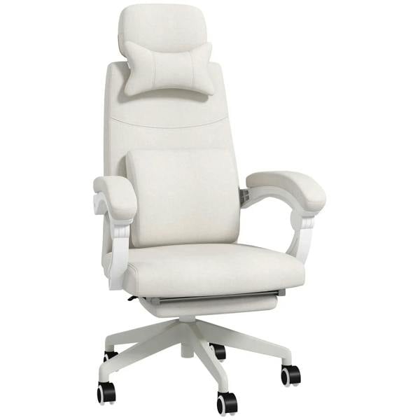 White linen-look office chair with extended footrest and reclined back