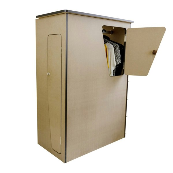MDF camper van kitchen unit in light brown with a sleek design, featuring an open door revealing organized storage space inside