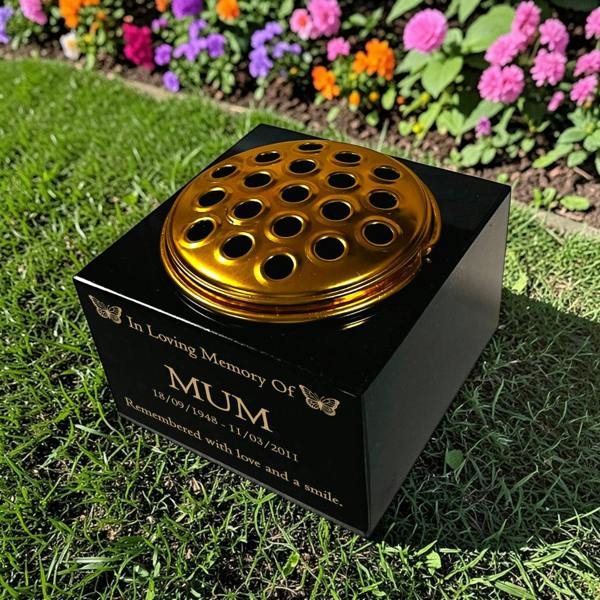 Memorials Direct Granite Memorial Vase with Butterfly Design, Free Personalised Gold Engraving, Solid Granite 6 x 6 x 4 Inches