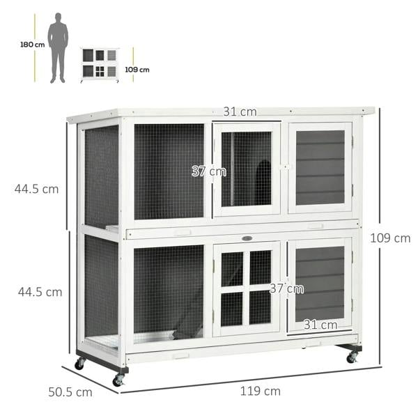 Two-tier rabbit hutch dimensions view with wire mesh doors, grey panels, and caster wheels