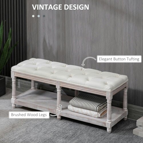 Wyld Haus Lono Cream 2 Tier Vintage Style Bed End Bench With Storage Shelf Tufted Diamond