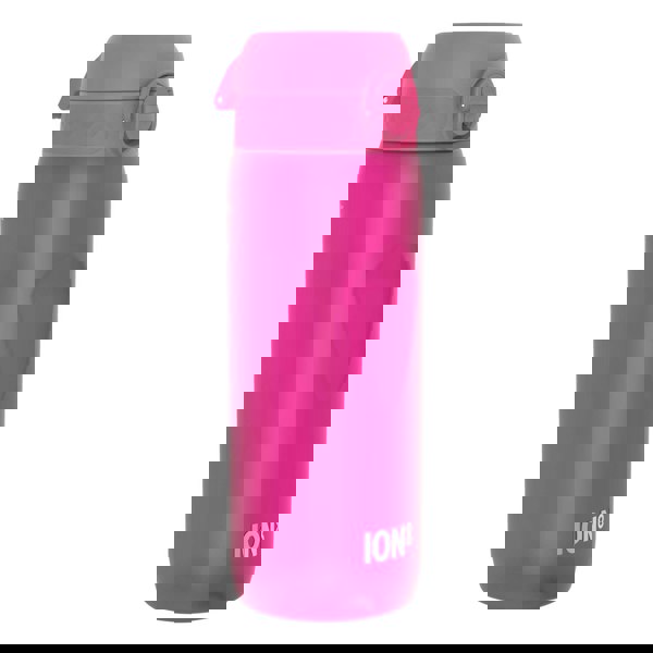 A pink ION8 water bottle sits against a white background. The bottle is cylindrical with a hinged, snap-top lid.