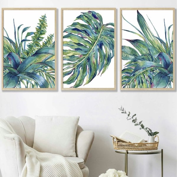 Artze Wall Art Set of 3 Watercolour Green Blue Tropical Leaves Wall Art Framed Prints