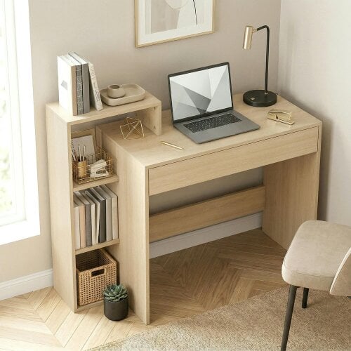 HOMCOM Computer Desk with 3 Open Shelves and Drawer, Natural