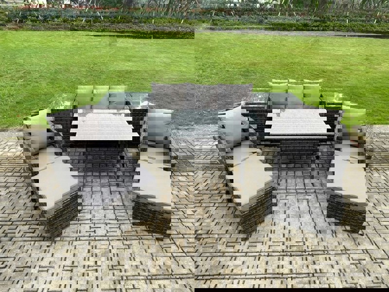 Fimous Rattan Outdoor Garden Furniture Set Rectangular Dining Table and Chair Sofa Set With 2 Side Tables 2 Big Footstool 7 Seater Dark Grey Mixed