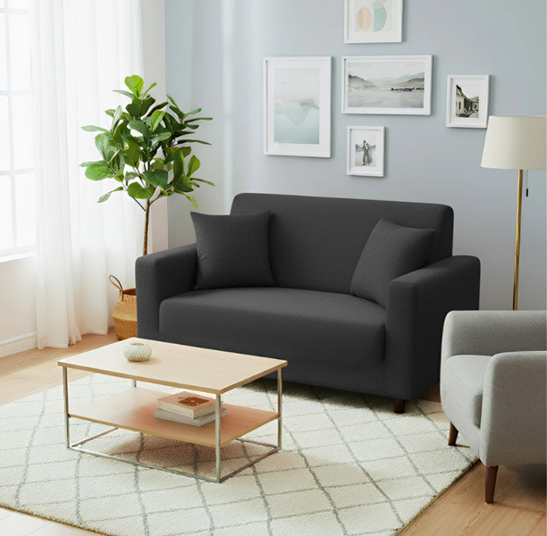 Anyseat 2 Seater Sofa Cover Plain Dark Grey Style and Protection For Living Room Sofa Chair Elastic Stretchable Slipcover