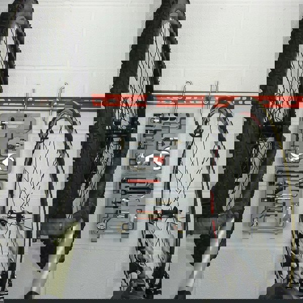 Horizontal folding bike wall brackets, gear storage and work stand for road bikes - extra hooks