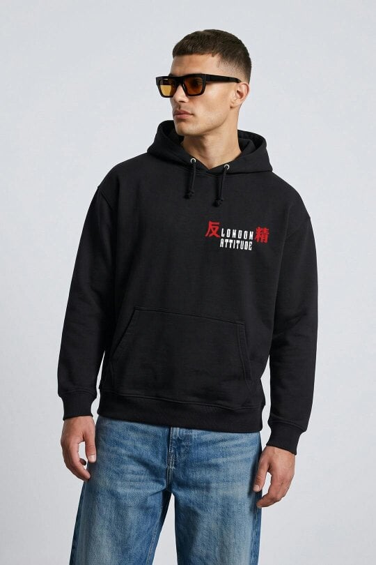 London Attitude Oversized Tokyo After Dark Graphic Hoodie in Black