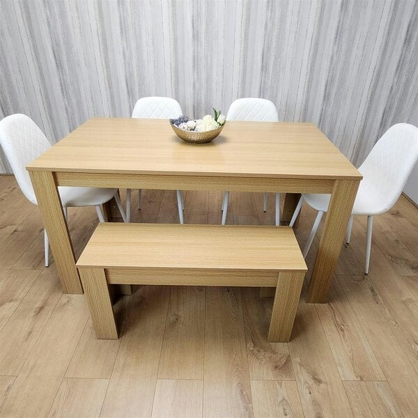 KOSY KOALA 6 Seater Modern Light Wood Dining Table Set with 4 White Gem Pattern Chairs and Bench  H75 x L140 x W80 cm