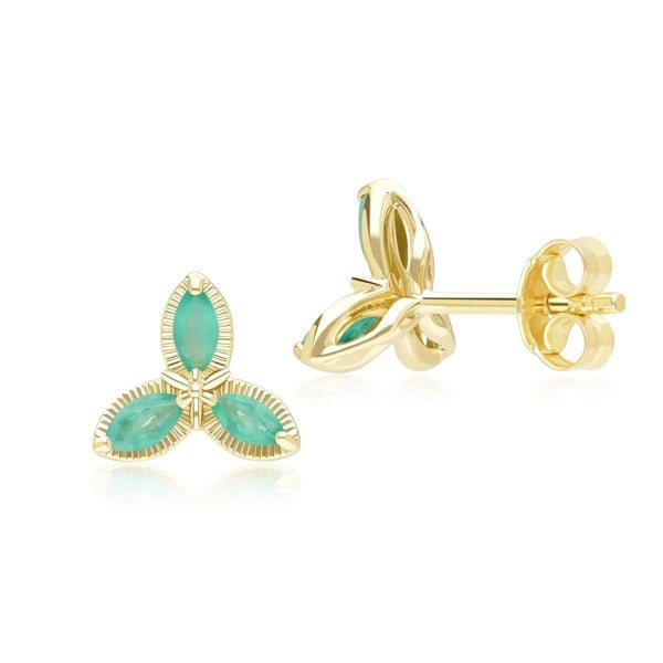 Gemondo Floral Marquise Emerald Stud Earrings in 9ct Yellow Gold