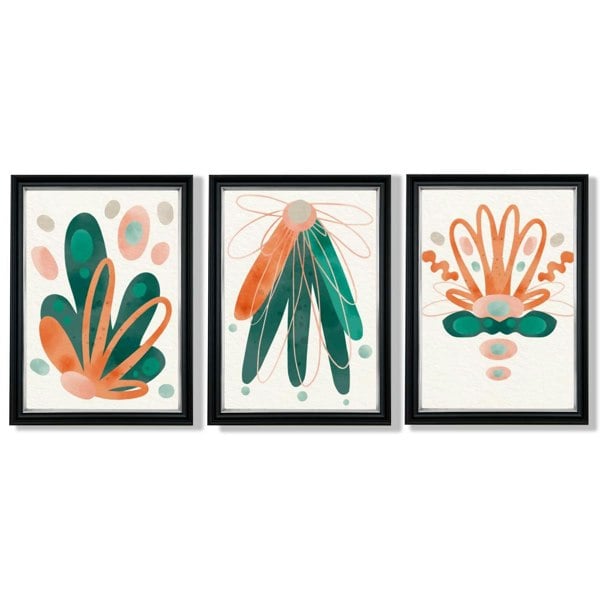 Abstract Green Orange Floral Set of 3 Framed Art Prints with Vermeer Black and Silver Frames
