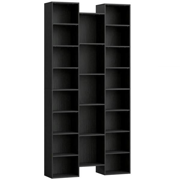 Black 21-compartment bookshelf with open vertical cubby shelves