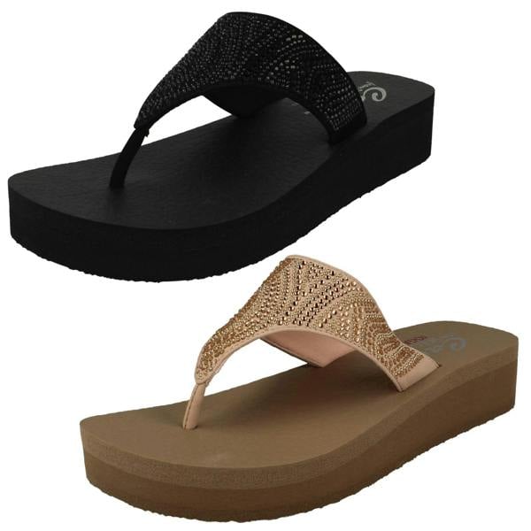 Skechers Ladies Skechers Toe Post Platform Wedge Sandals Stone Candy 31614