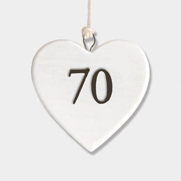 Mini Porcelain Hanging Heart – “70” Birthday Keepsake Elegant Milestone Gift