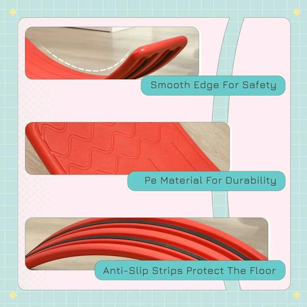 Red wobble board close-up features: textured top, anti-slip strips, smooth edge