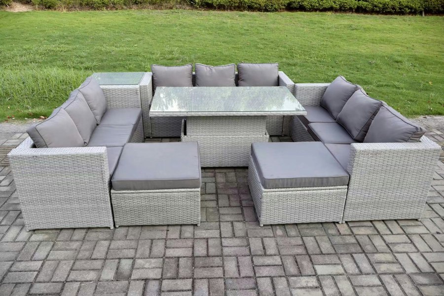 Fimous Rattan Outdoor Garden Funiture Set with Height Adjustable Table, 3 Sofas, 1 Side Table, 2 Footstools - 11 Seater - Light Grey