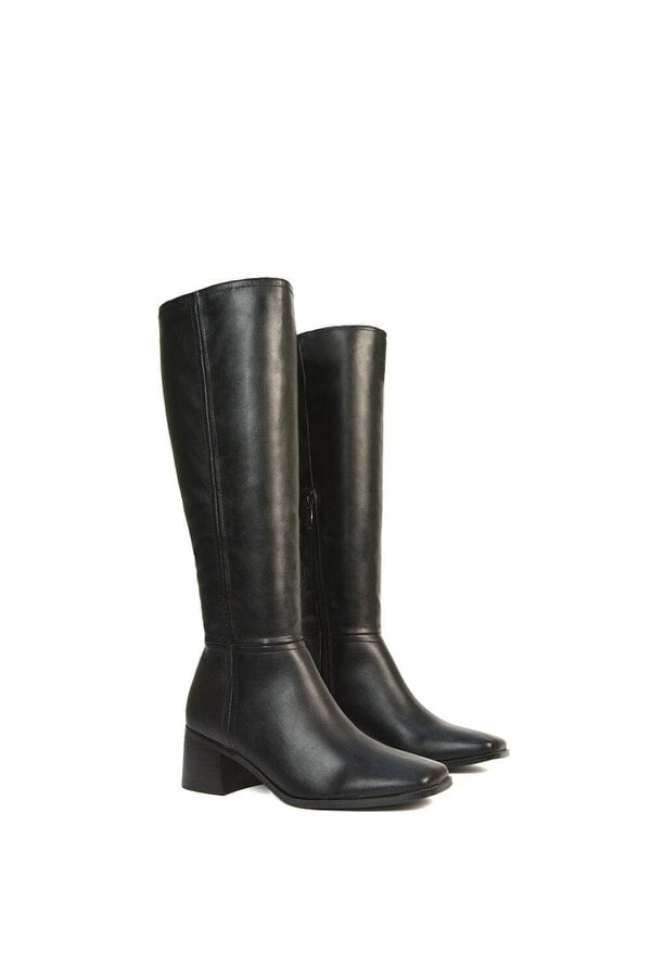 XY LONDON Square Toe Zip Up Knee High Calf Boots With Low Heel