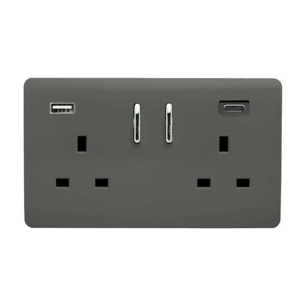 Trendi Switch 2 Gang USB 65W Type A & C USB Plug Socket in Charcoal Grey