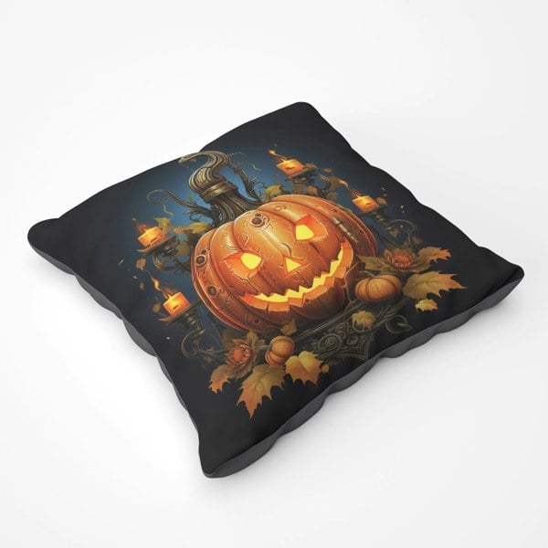 Warren Reed Spooy Pumpkin With Leaves And Small Candles Floor Cushion