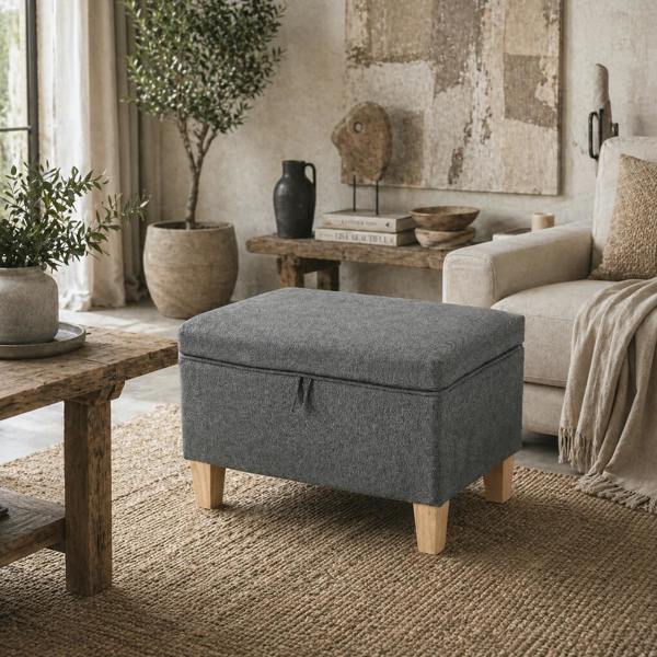 Wyld Haus Doma Linen Grey Compact Storage Footstool With Storage Natural Wooden Legs